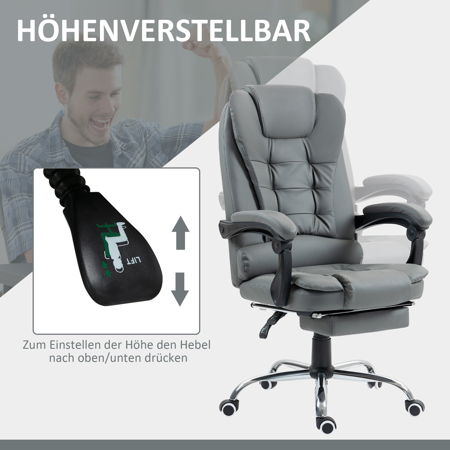 Bureaustoel – Kantoorstoel – Ergonomische Stoel – Draaistoel – Bureaustoel Met Voetensteun – Verstelbare Rugleuning – In Hoogte Verstelbaar – Grijs/Zwart/Zilver