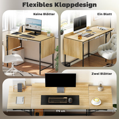 Inklapbaar Bureau – Computerbureau – Werkplek Bureau – Studie Bureau – Thuiswerk Bureau – Verstelbare Breedte 100-170 cm – Eikenhout Look Met Stabiele Metalen Poten
