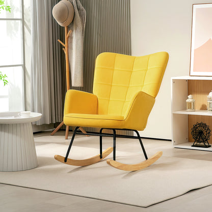 Schommelstoel – Rocking Chair – Wiegstoel – Relaxstoel – Voedingsstoel – Fluweel Bekleding – Stalen Frame Met Massief Houten Poten – Geel