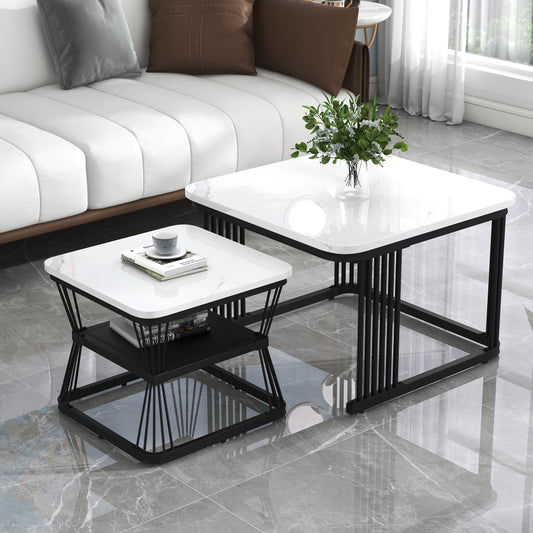 Bijzettafel – Bijzettafels – Salontafel – Nachtkastje – Tafel – Set van 2 – Marmeren Glasblad – Stevig Metalen Frame – 65x65x45 & 45x45x39,5 cm – Modern Design