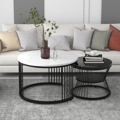 Modern nesting coffee tables, coffee table sets, high-gloss tabletops, marble-effect finish, sofa side tables, round nesting coffee tables, 2pcs sets, black frames,  Spacesaving Tables, Contemporary Style, Sleek Furniture, Me