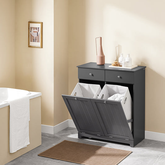 Badmeubel – Badkamerkast – Wasmand Meubel – Opbergkast – Waskast – Met Twee Lades – Twee Waszakken 45L – Scandinavisch Design – Compact Grijs Hout