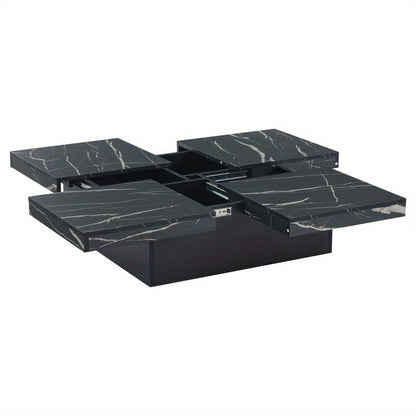 Salontafel – Woonkamertafel – Koffietafel – Bijzettafel – Tafel – Zwart Modern Vierkant – Marmerlook Blad – 90x90x25 cm – Vier Lades & Schuifblad – Max. Belastbaar 30 kg
