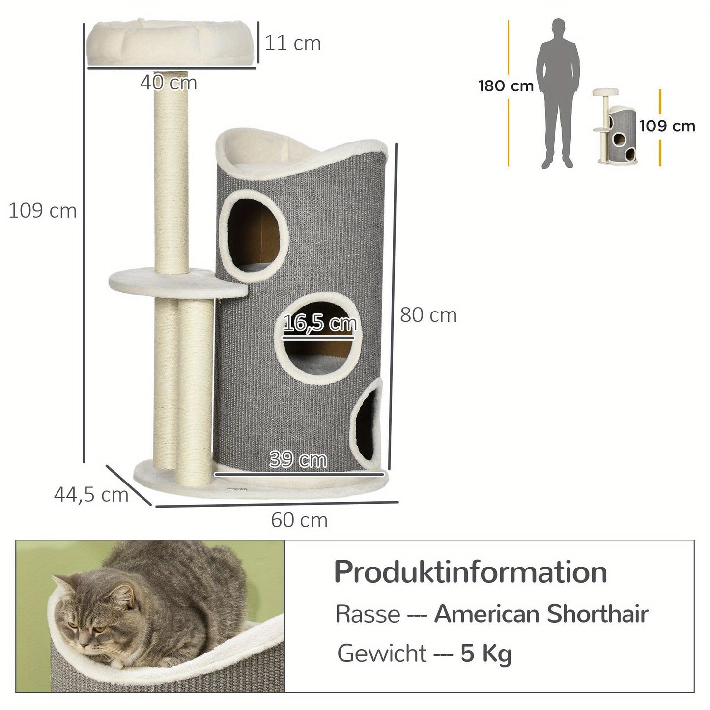 Kattenklimpaal – Kattenboom – Krabpaal – Krabmeubel – Kattenhuis – 109 cm Hoog – Sisal Krabpalen – Wit Grijs Multiplex