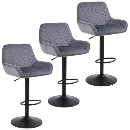 Barstoel – Barkruk – Barstoel Kruk – Barstoelen – Barkrukken Set – Verstelbaar In Hoogte – 360° Draaibaar – Fluwelen Bekleding – Met Rugleuning En Armleuning – Max 150 KG – Set Van 3 Grijs