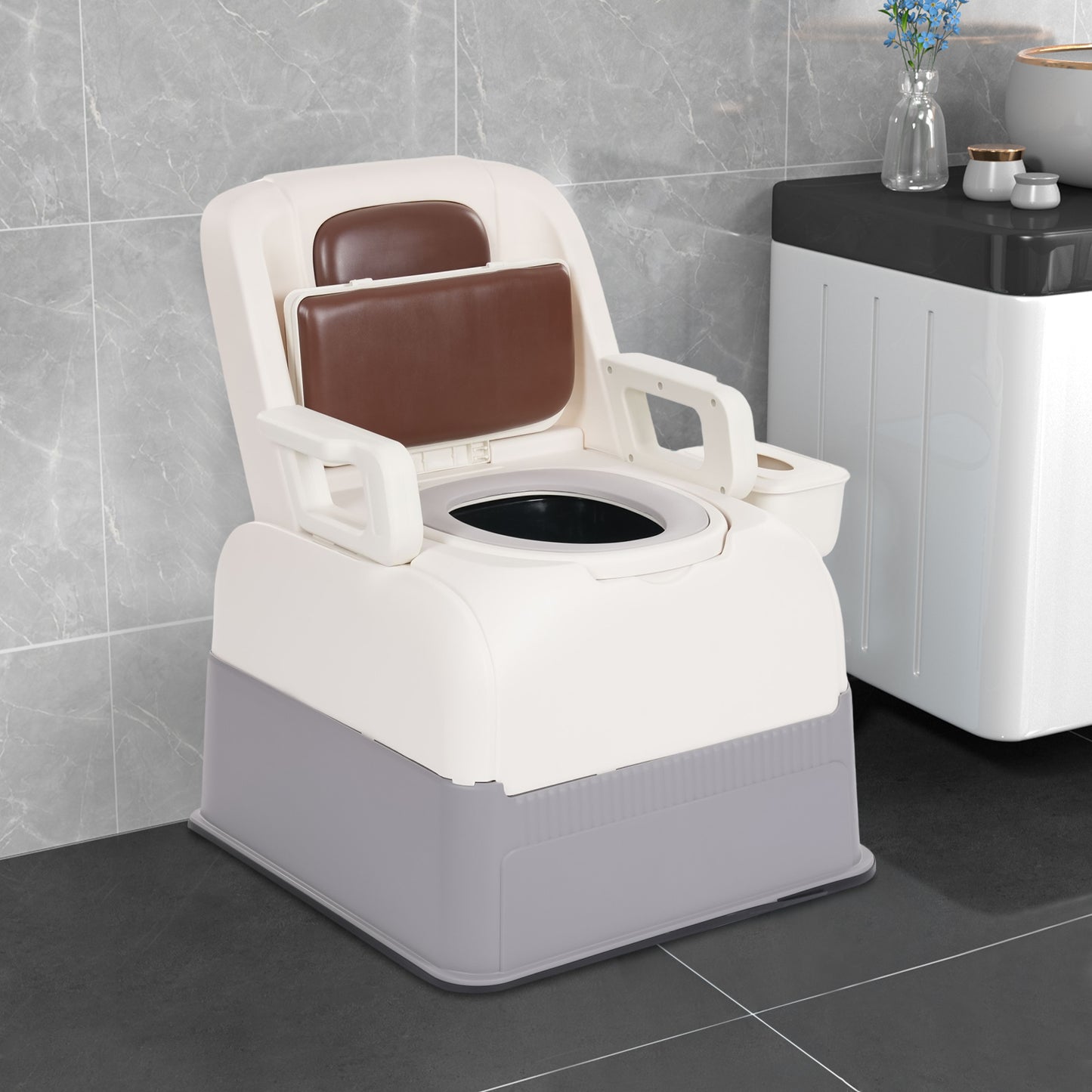 Bedside Commode Stoel – Toiletstoel – Commodestoel – Toiletkruk – Ziekenhuisstoel – Bruin – Stevige PP & PU Materiaal – Vrijstaand en Compact