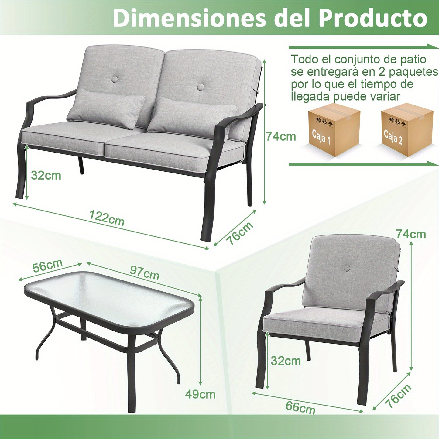 Tuinmeubelen – Loungeset – Loungesetbank – Tuinset – Balkonset – Met Zachte Kussens – Met Gehard Glas Tafelblad – Robuust Metalen Frame – Comfortabele Zit