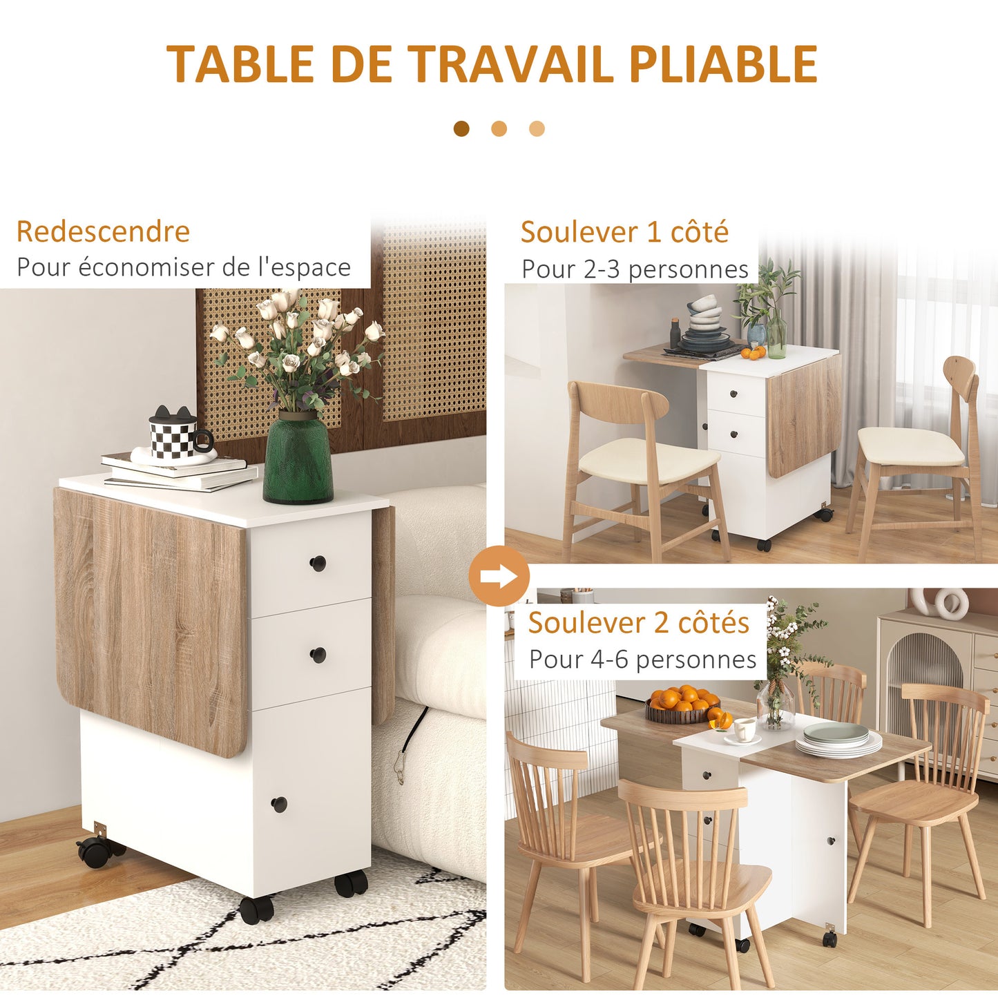 Opvouwbare Keuken- en Eettafel – Uitklapbare Tafel – Inklapbare Tafel – Verrijdbare Tafel – Ruimtebesparende Tafel – Wit – 2 Lades & Kast – Compact en Mobiel