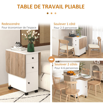 Opvouwbare Keuken- en Eettafel – Uitklapbare Tafel – Inklapbare Tafel – Verrijdbare Tafel – Ruimtebesparende Tafel – Wit – 2 Lades & Kast – Compact en Mobiel