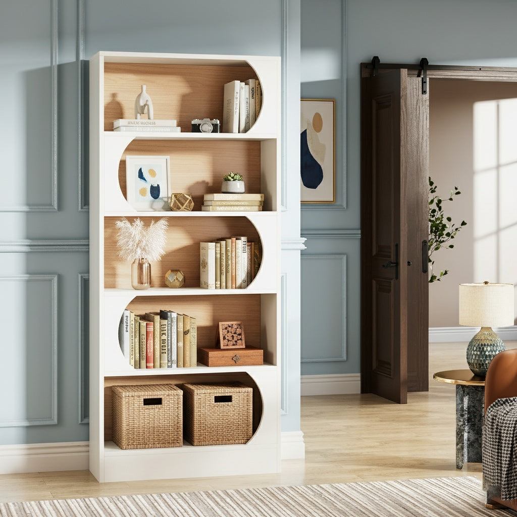Boekenplank – Boekenkast – Boekrek – Opbergkast – Open Kast – 6-Laags – Wit – Modern Boogontwerp – Stevig Hardhout – Eenvoudige Montage