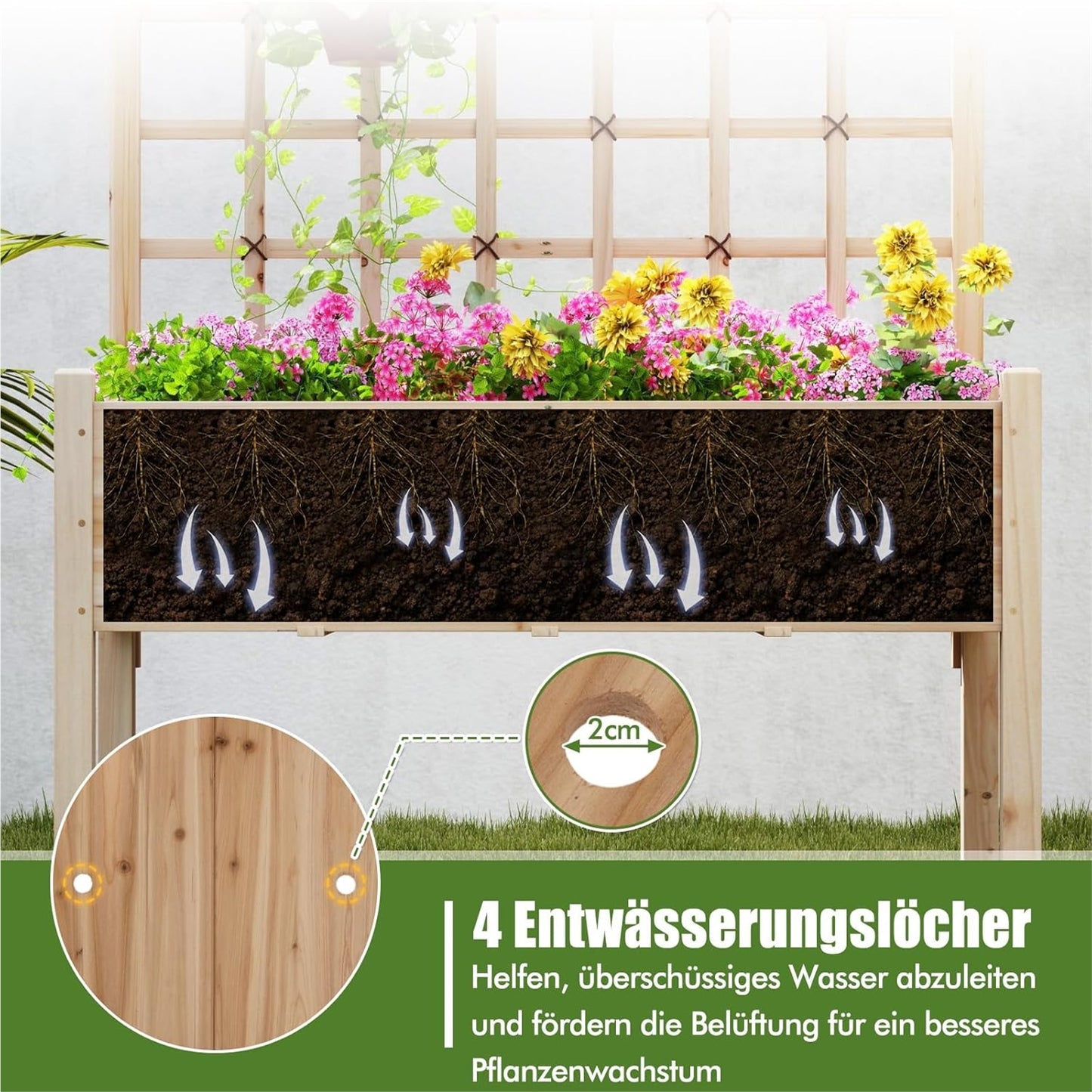 Verhoogde Plantenbak – Bloembak – Moestuinbak – Kruidenbak – Tuinbak Met Klimrek – Natuurlijk Grenenhout – Ingebouwd Klimrek – 4 Drainagegaten – 119 x 60 x 160 cm