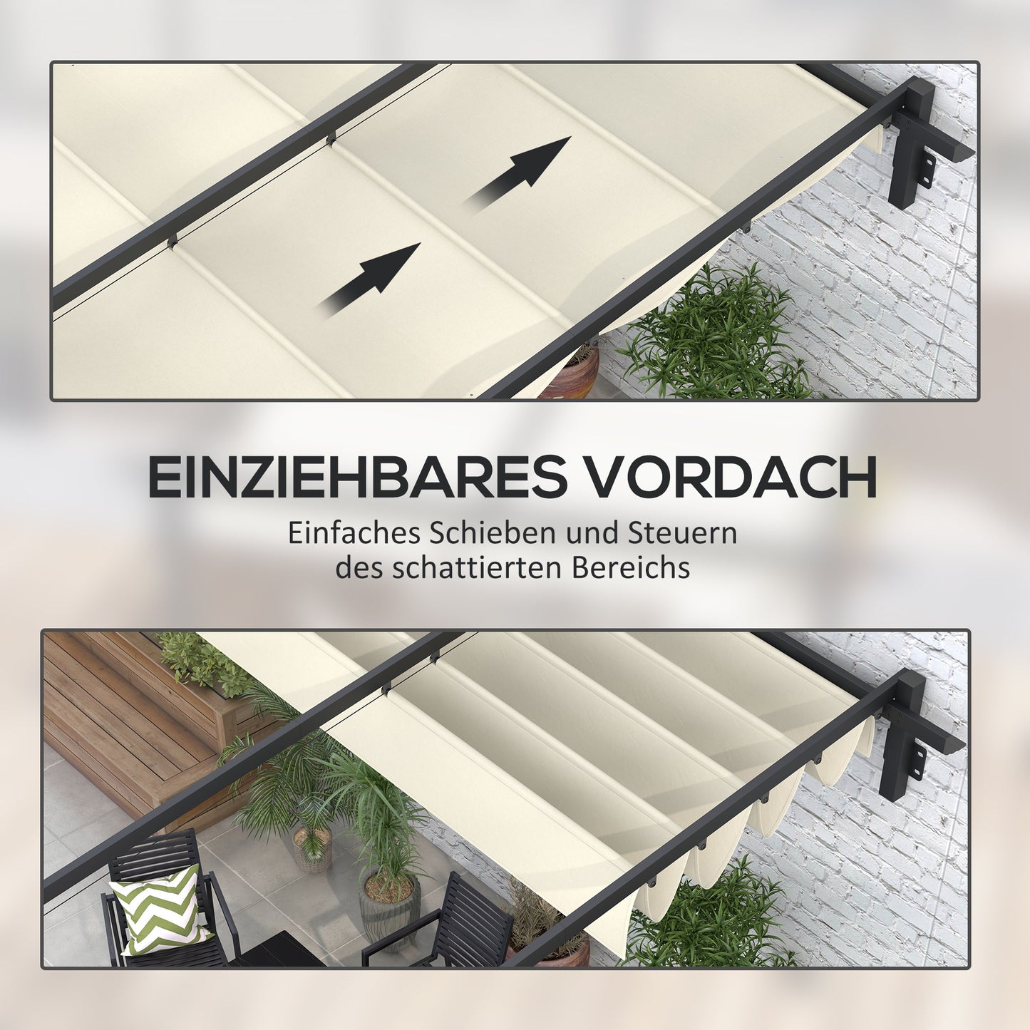Tuinpaviljoen – Tuinoverkapping – Pergola – Buitenverblijf – Overkapping – Cream – Uitschuifbaar Dak – Metalen Frame – Wandmontage – 3 x 3 Meter