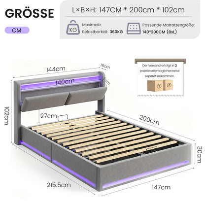 Liftbed – Opbergbed – Hydraulisch Bed – Bedframe Met Opbergruimte – Slaapbed 140x200 cm – Hydraulische Lift – RGB LED Hoofdbord