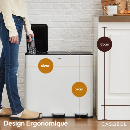 Prullenbak – Afvalbak – Vuilnisemmer – Recyclingbak – 3 Compartimenten – 60 Liter Inox – Voetbediening – Vingerafdrukbestendig