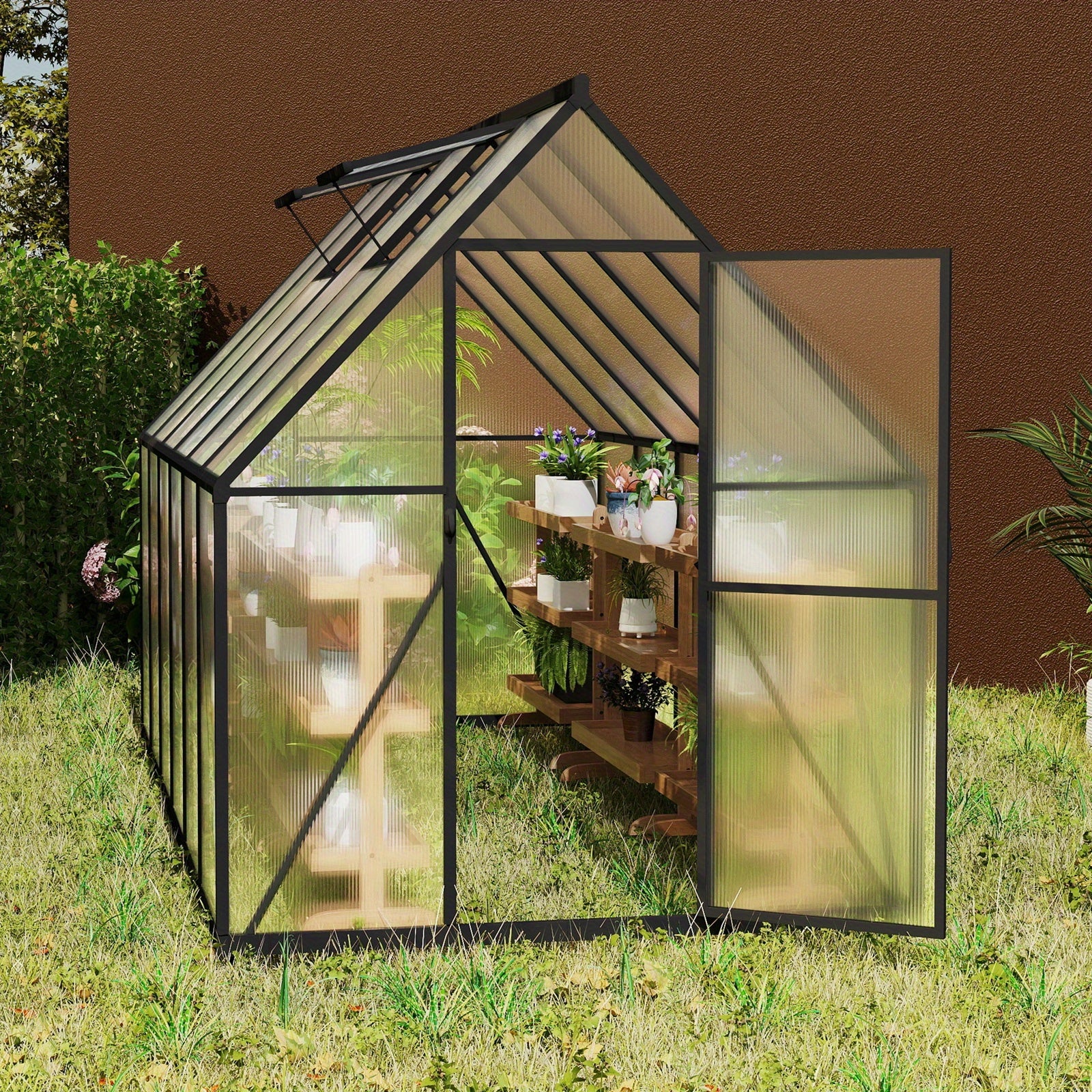 Kas – Serre – Plantenhuis – Tuinkas – Broeikas – Aluminium Frame – Verzinkte Stalen Fundering – Schuifdeur & Dakraam – 340x180x195 cm – 4 mm Polycarbonaat – Weerbestendig & Duurzaam - QUORE