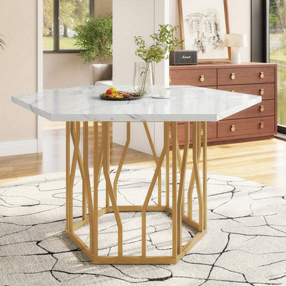 Eettafelset – Dinerset – Tafel En Stoelen – Keukentafelset – Eettafel Met Stoelen – Wit Marmeren Blad – Gouden Stalen Poten – 4 Groene Velvet Stoelen – Compact Hexagonaal Design – Duurzame MDF En Houtframe