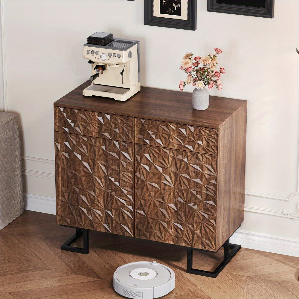 Dressoir – Opbergkast – Ladekast – Buffetkast – Sideboard – Donkerbruin Walnootfineer – 2 Laden en 2 Deuren – Grepenloos Design – Metalen Poot – 80x40x78 cm