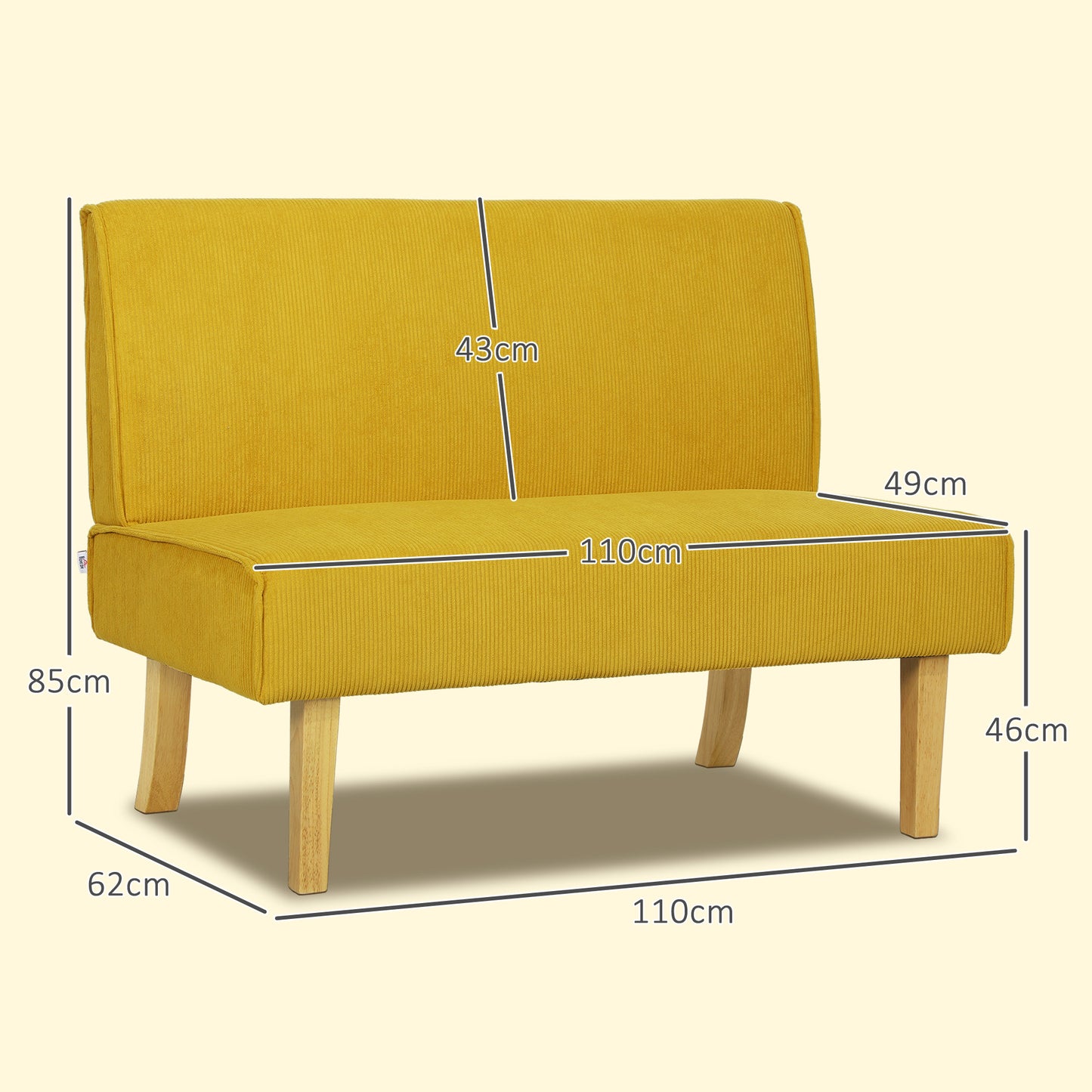 2-zits bank – tweezitsbank – loveseat – zitbank – bankje – gele corduroy bekleding – dikke vulling – massief houten poten