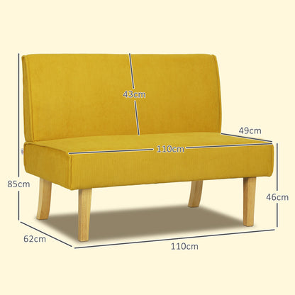 2-zits bank – tweezitsbank – loveseat – zitbank – bankje – gele corduroy bekleding – dikke vulling – massief houten poten