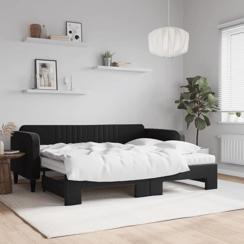 Bedframe – Eenpersoonsbed – Slaapbank – Ledikant – Bedbank – Minimalistisch Hoofdbord – Zwart Velvet – Stevig Houten Frame – Geschikt Voor Matras 90x200 cm