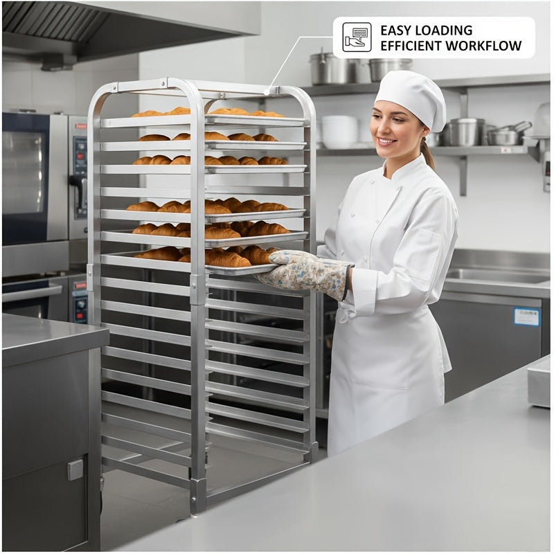 10/15-Tier Heavy-Duty Compact Mobile Bun Pan Rack with Lockable Wheels - Space-Saving Cooling Storage Shelf Suitable for Bakery, Kitchen, Restaurant - Assembly, Aluminum Shelving Unit