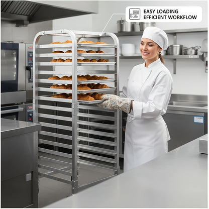 10/15-Tier Heavy-Duty Compact Mobile Bun Pan Rack with Lockable Wheels - Space-Saving Cooling Storage Shelf Suitable for Bakery, Kitchen, Restaurant - Assembly, Aluminum Shelving Unit