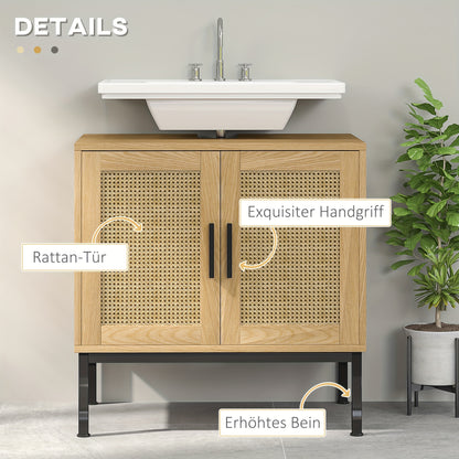Badkamerkast – Wastafelonderkast – Onderkast – Opbergkast – Kolomkast – Eiken Kleur – Rattan Look – Anti-Kantel Bescherming – 60 x 39 x 60 cm