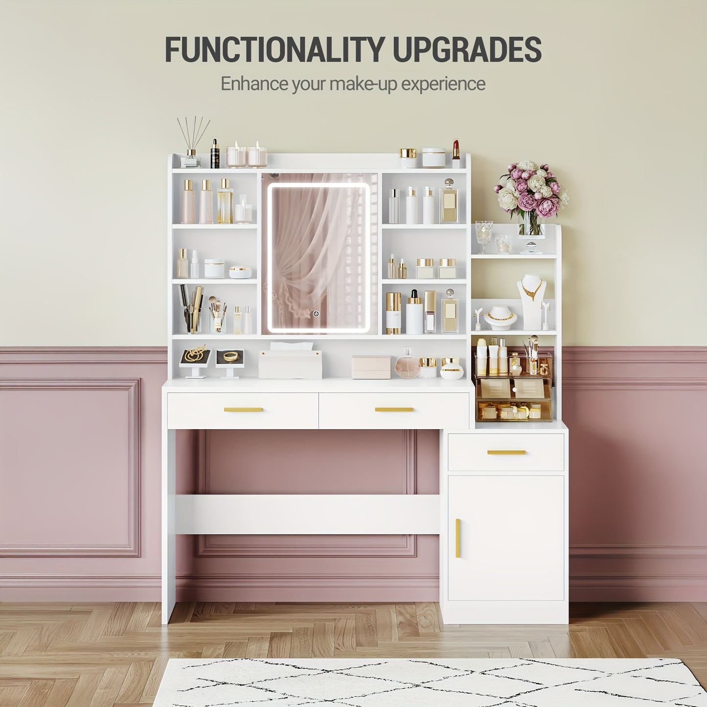 Kaptafel – Make-up Tafel – Cosmeticatafel – Vanity Tafel – Opmaaktafel – Met Spiegel en LED-Verlichting – Ruim Opbergmeubel 130x40x149 cm – MDF en Spaanplaat