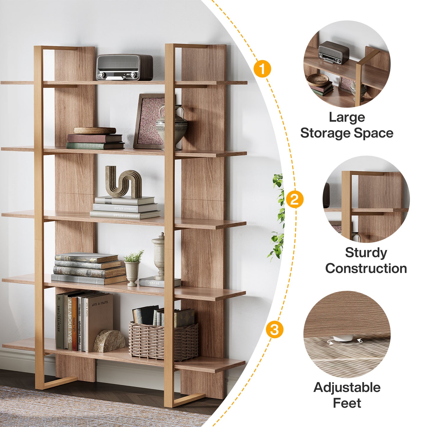 Boekenkast – Boekenplank – Opbergkast – Vakkenkast – Roomdivider – Retro Bruin – 5 Laags – MDF Metalen Frame – Stevig & Ruim