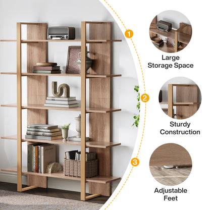 Boekenkast – Boekenplank – Opbergkast – Vakkenkast – Roomdivider – Retro Bruin – 5 Laags – MDF Metalen Frame – Stevig & Ruim
