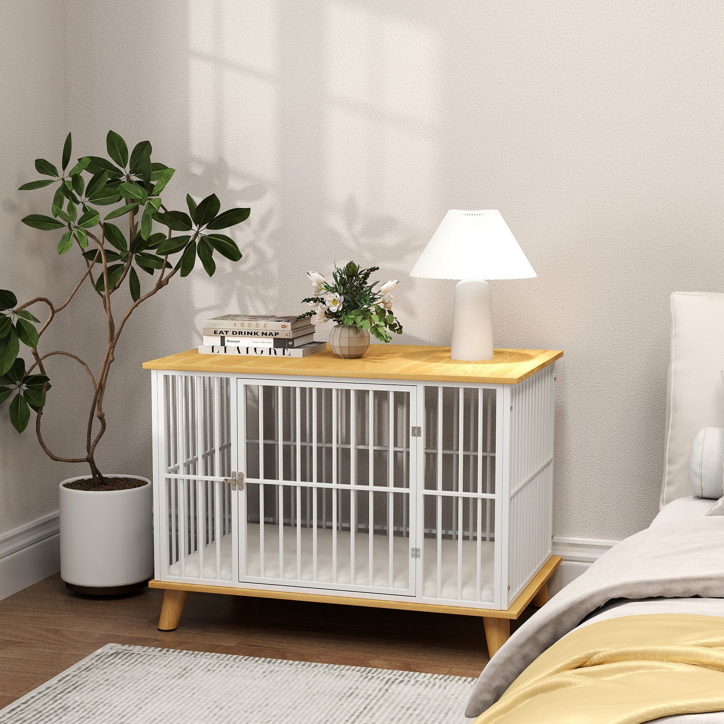 Hondenbench – Hondenkooi – Hondenmand – Hondenhuis – Reishondenbench – Vergrendelbare Deur – Uitneembaar Wasbaar Kussen – Stijlvol Wit Eiken – Staal Houtcomposiet – 86x60x70 cm – Goede Ventilatie