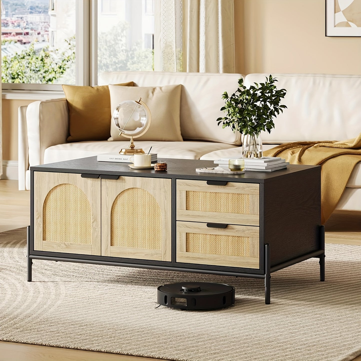 Salontafel – Koffietafel – Bijzettafel – Woonkamertafel – Banktafel – Mid-Century Modern Riet – MDF & Metaal – Verstelbare Poten