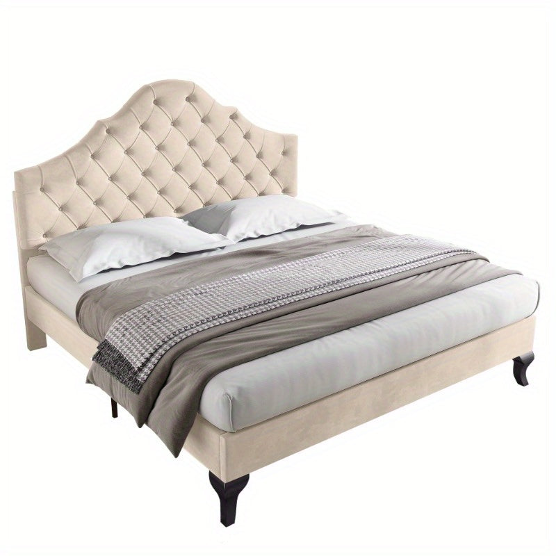 Gestoffeerd Bedframe – Bedombouw – Bedframe – Slaapbed – Bed – 140x190 cm – Verstelbare Hoofdsteun – Houten Lattenbodem – Beige Velours