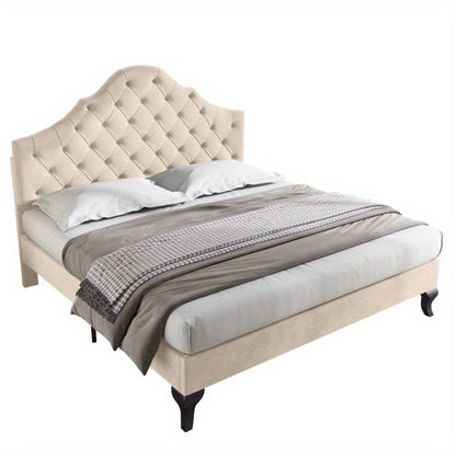Gestoffeerd Bedframe – Bedombouw – Bedframe – Slaapbed – Bed – 140x190 cm – Verstelbare Hoofdsteun – Houten Lattenbodem – Beige Velours