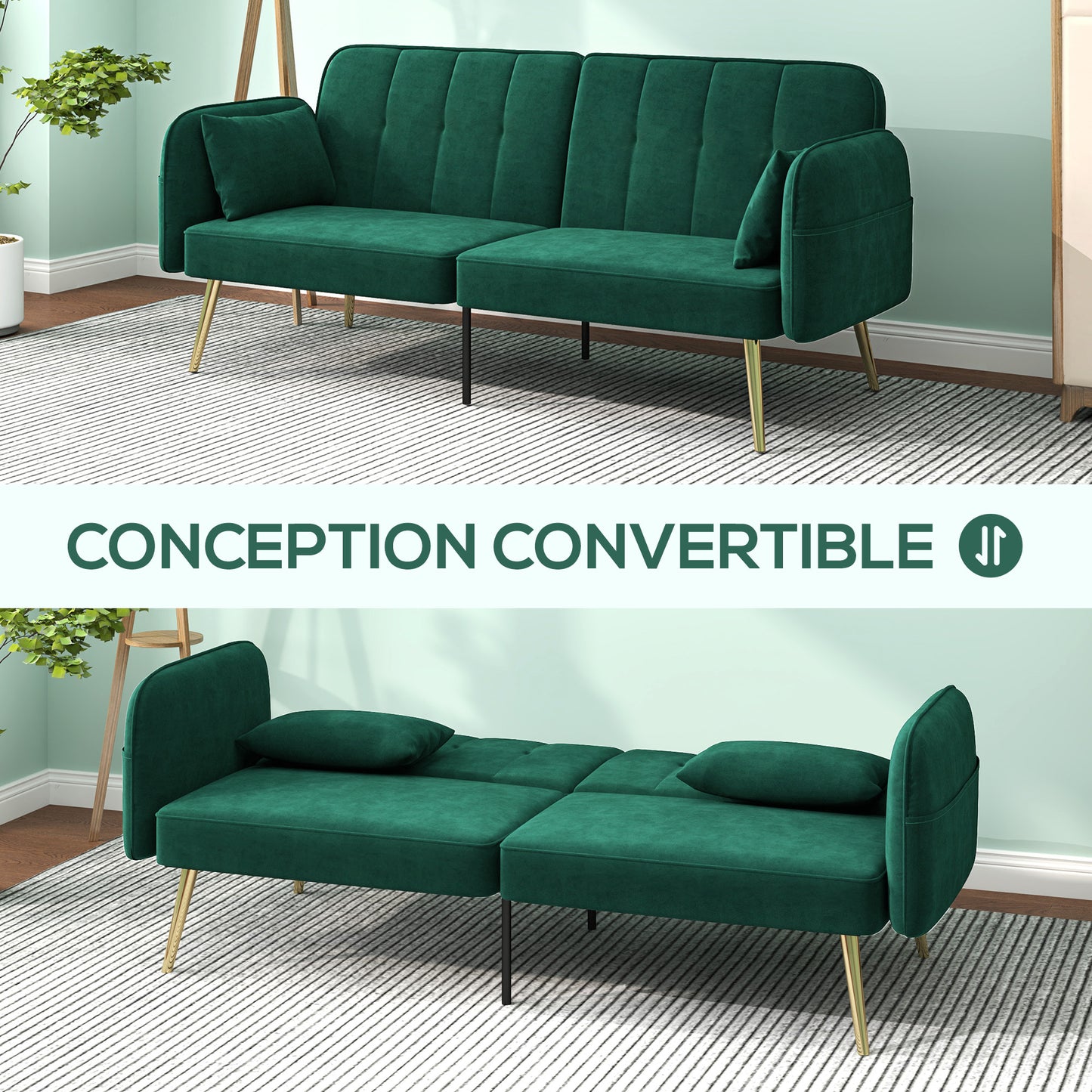 2-Zits Slaapbank – Tweepersoonsbed – Klikklak Bank – Sofa Bed – Slaapbank Donkergroen – Verstelbare Rugleuning – Velvet Bekleding