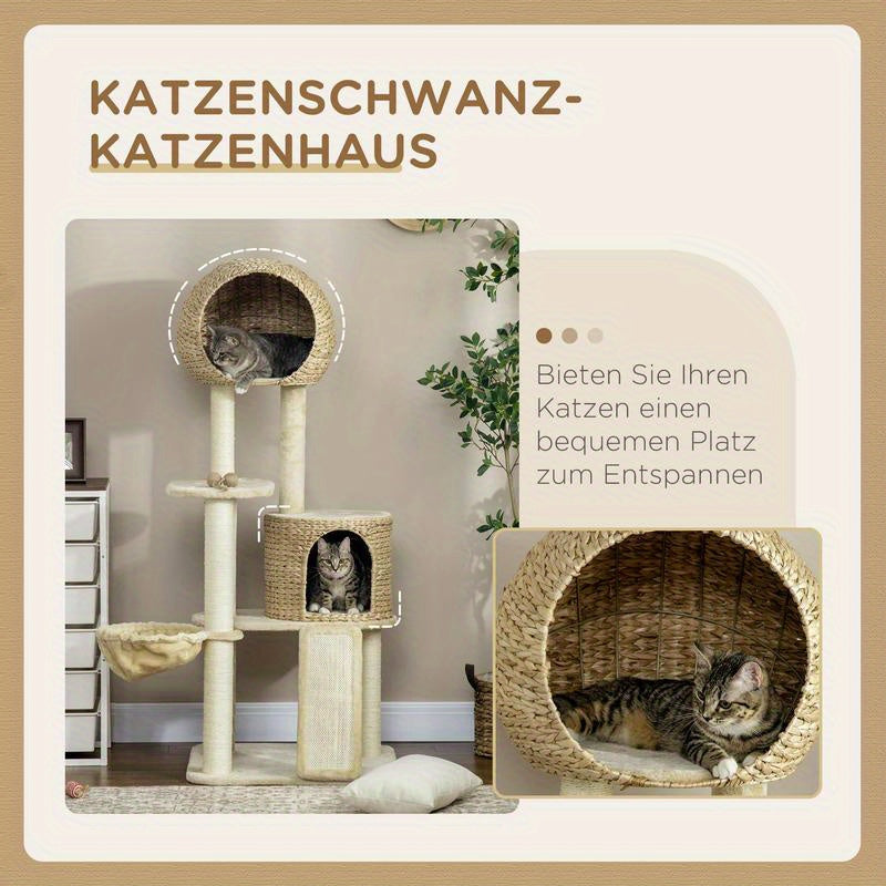 Scratch tree, with cat house, multiple platforms, hammock, scratching mat, tipping protection, beige, 60 x 60 x 150cm, Pet Scratching Post, Indoor Cat Tree, Multilevel Platforms, Cozy Cat House, Scratchresistant Material, Hig