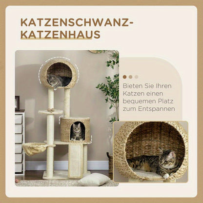 Scratch tree, with cat house, multiple platforms, hammock, scratching mat, tipping protection, beige, 60 x 60 x 150cm, Pet Scratching Post, Indoor Cat Tree, Multilevel Platforms, Cozy Cat House, Scratchresistant Material, Hig