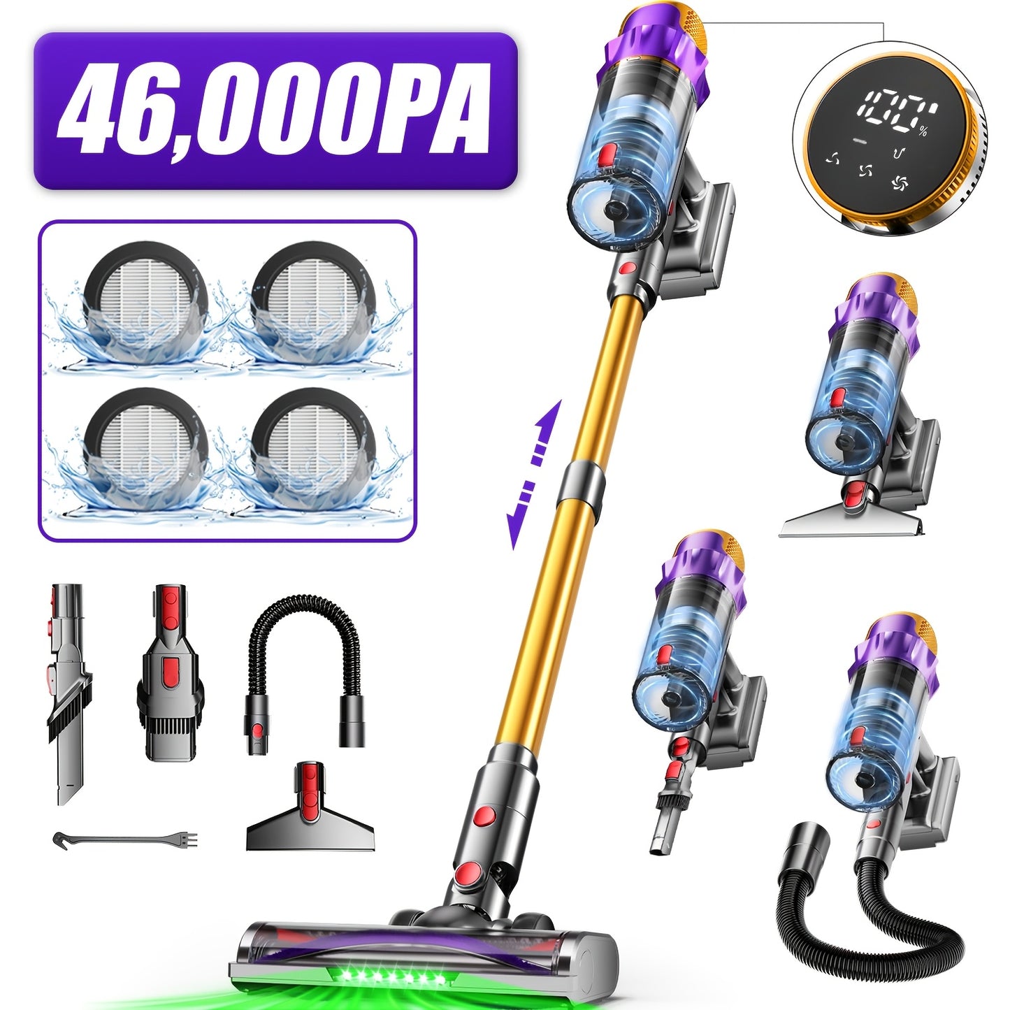 Draadloze Stofzuiger – Snoerloze Stofzuiger – Handstofzuiger – Steelstofzuiger – Huisdier Stofzuiger – 70 Minuten Batterijduur – 4x HEPA Filter
