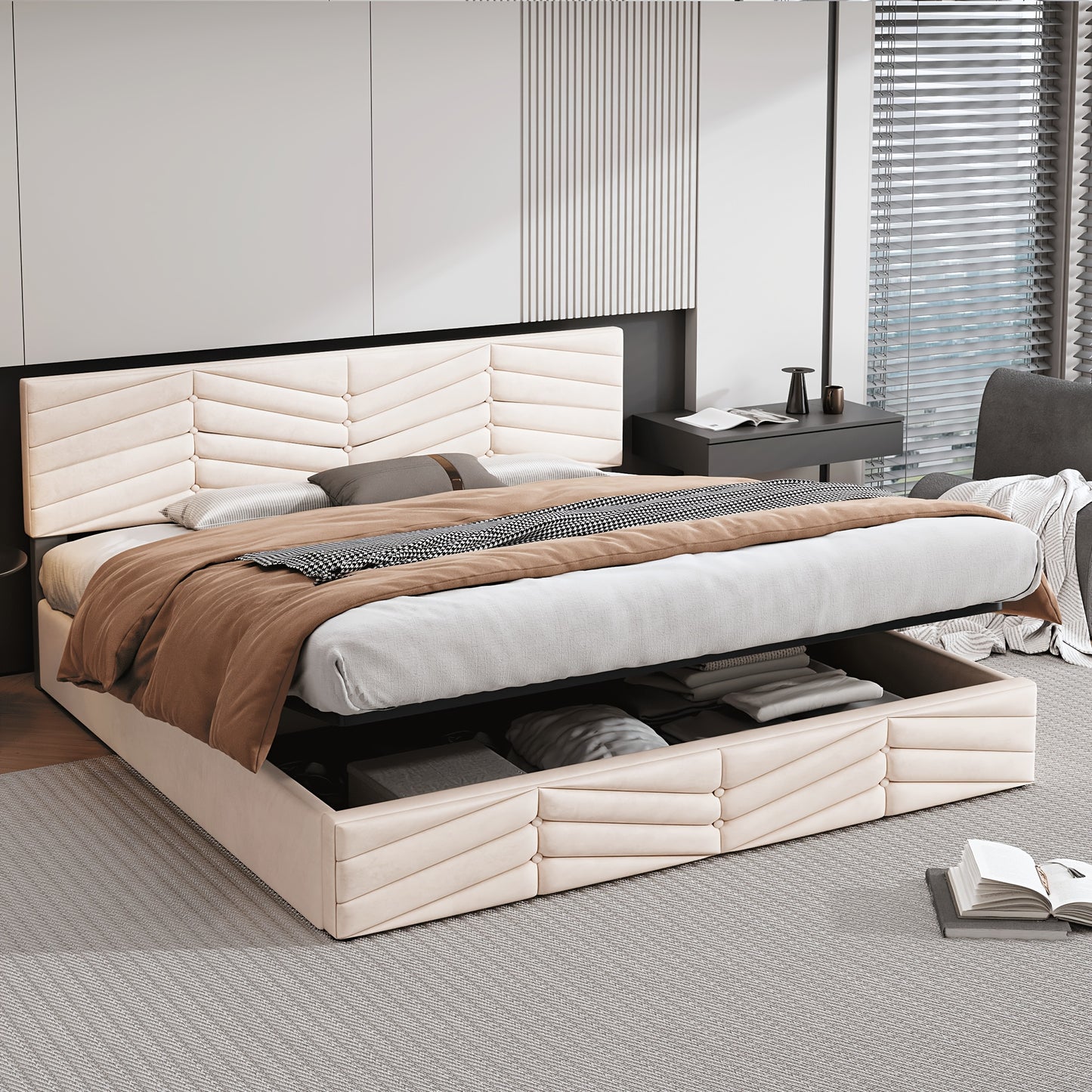 Tweepersoonsbed – Gestoffeerd Bed – Slaapbank – Ledikant – Bedframe – Verstelbaar Hoofdbord – 180x200 cm – Beige – Klassiek Design – Hoogwaardige Stoffering
