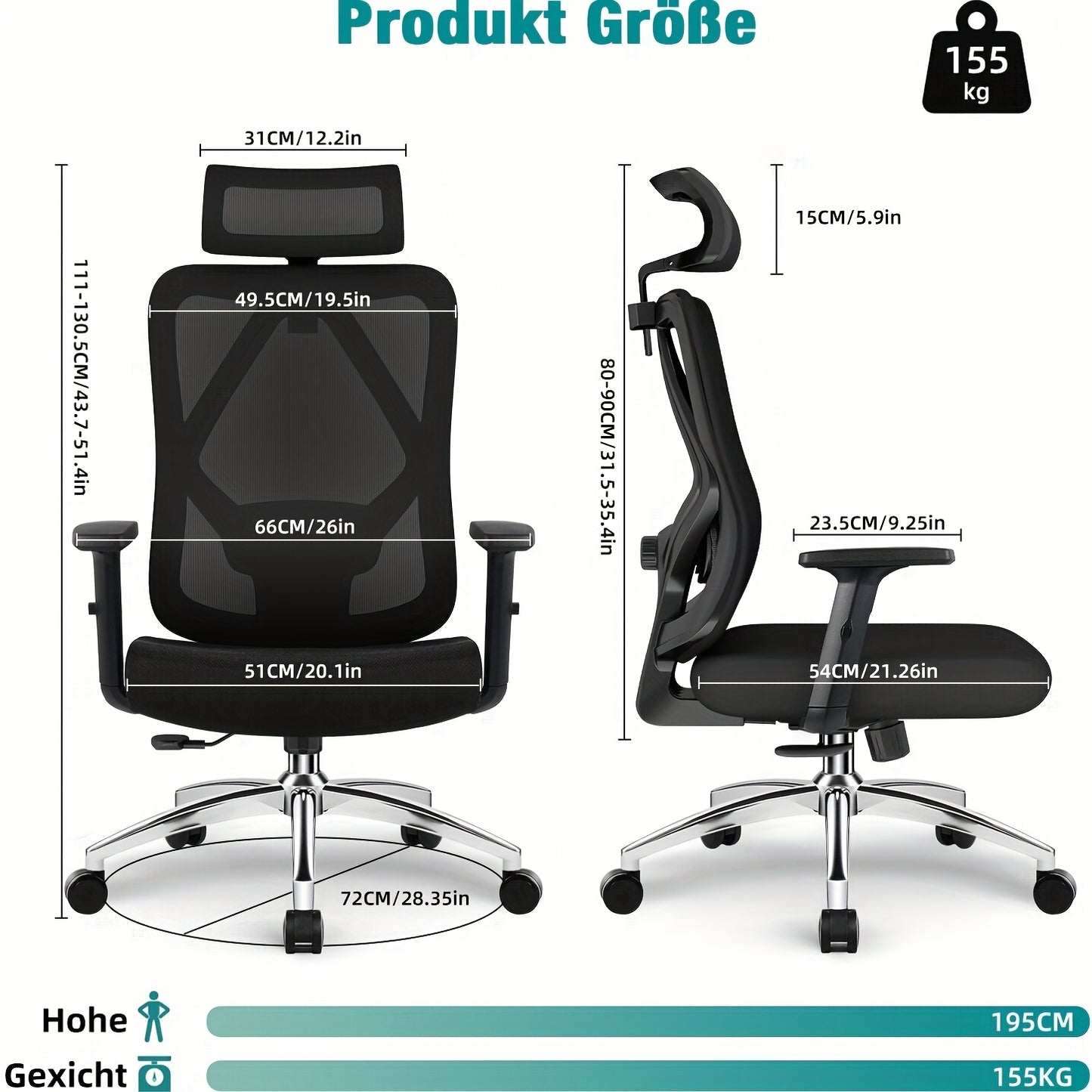 Ergonomische Bureaustoel – Bureaustoel Kantoorstoel Werkstoel Draaistoel – Variant A – Verstelbare Rugleuning 90-135° – 3D Lendensteun Met Memory Foam Zitting