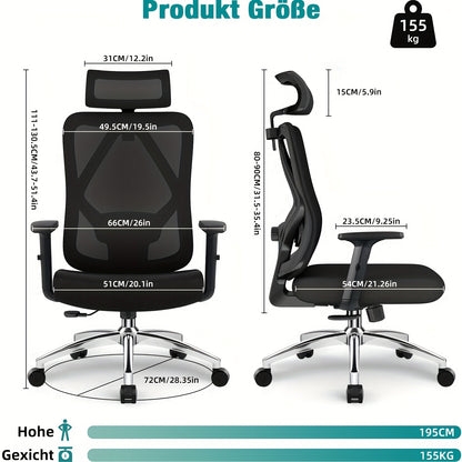 Ergonomische Bureaustoel – Bureaustoel Kantoorstoel Werkstoel Draaistoel – Variant A – Verstelbare Rugleuning 90-135° – 3D Lendensteun Met Memory Foam Zitting