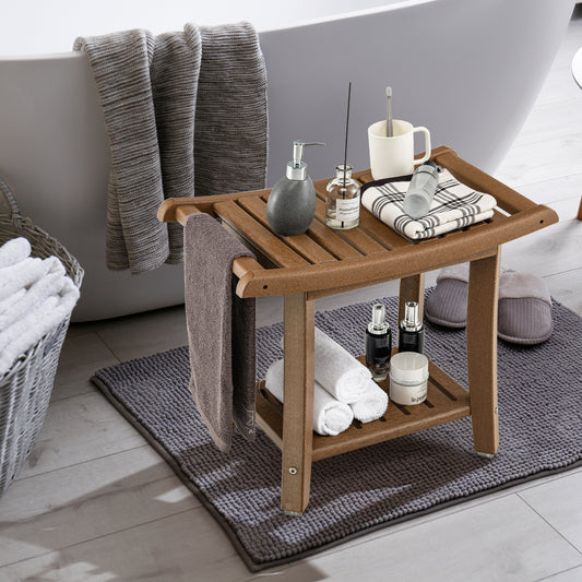 Douchebank – Douchezitje – Badkruk – Douchekruk – 2 Laags Opbergbankje – Ergonomische Gebogen Zitting – Twee Handgrepen Voor Stabiliteit – Compact & Duurzaam Bruin