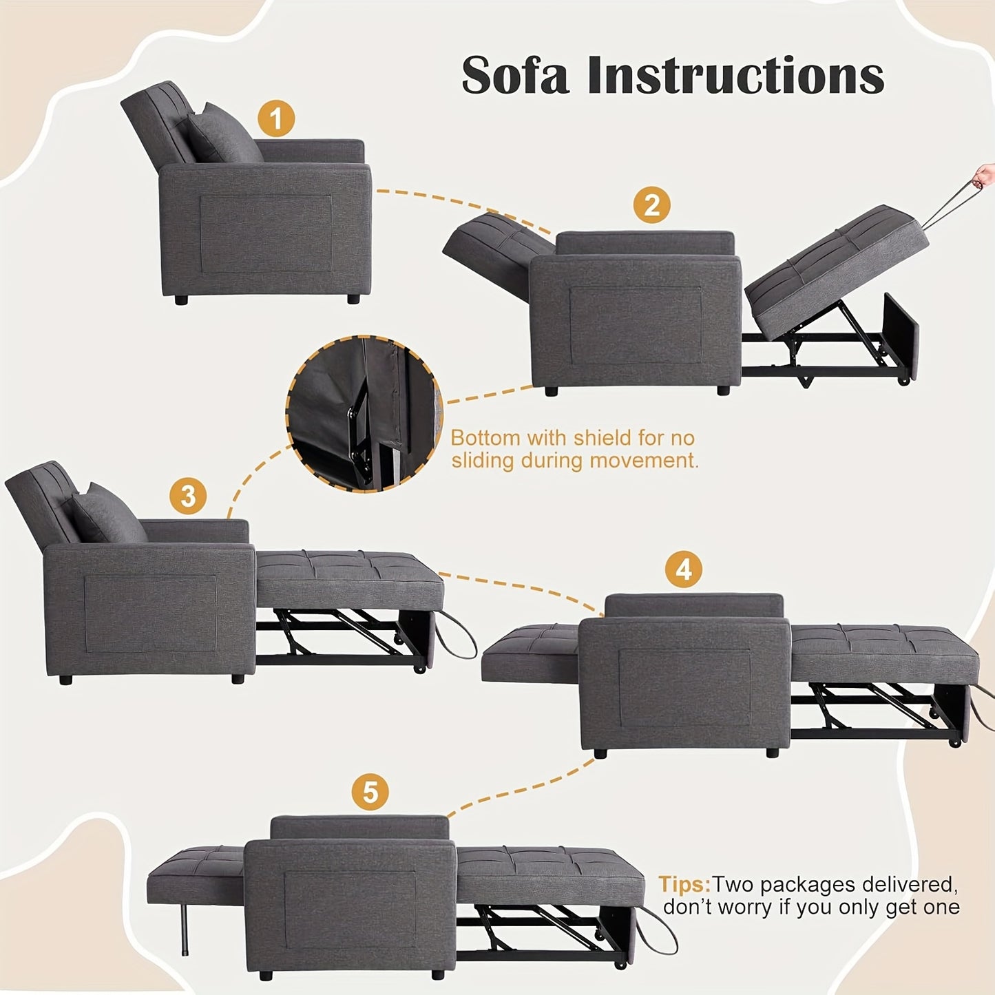 3-in-1 Sleeper Chair Bed with Folding Backrest & Side Pocket - Space-Saving Convertible Sofa Bed, Hardwood/Plywood Frame, Easy Assembly, No Batteries/Electricity, Ideal for Guest Rooms, Small Spaces, Apartments - Modern Grey