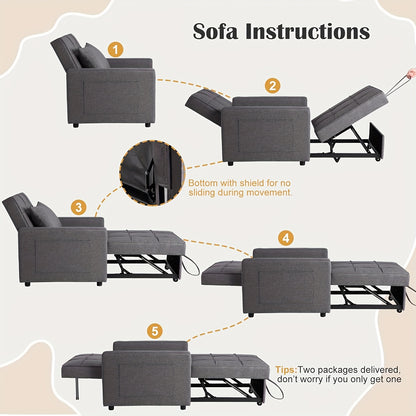 3-in-1 Sleeper Chair Bed with Folding Backrest & Side Pocket - Space-Saving Convertible Sofa Bed, Hardwood/Plywood Frame, Easy Assembly, No Batteries/Electricity, Ideal for Guest Rooms, Small Spaces, Apartments - Modern Grey