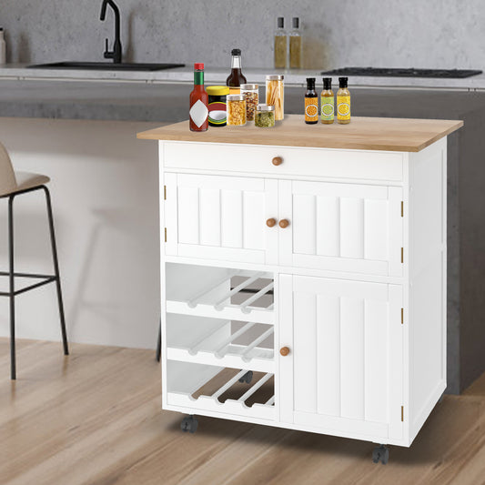 Keukenwagen – Mobiele Keukentrolley – Keukenwagen op Wieltjes – Keukenkastje – Keukenkar – Wit – Compact 68x39x85 cm – Met Werkblad en Remmen