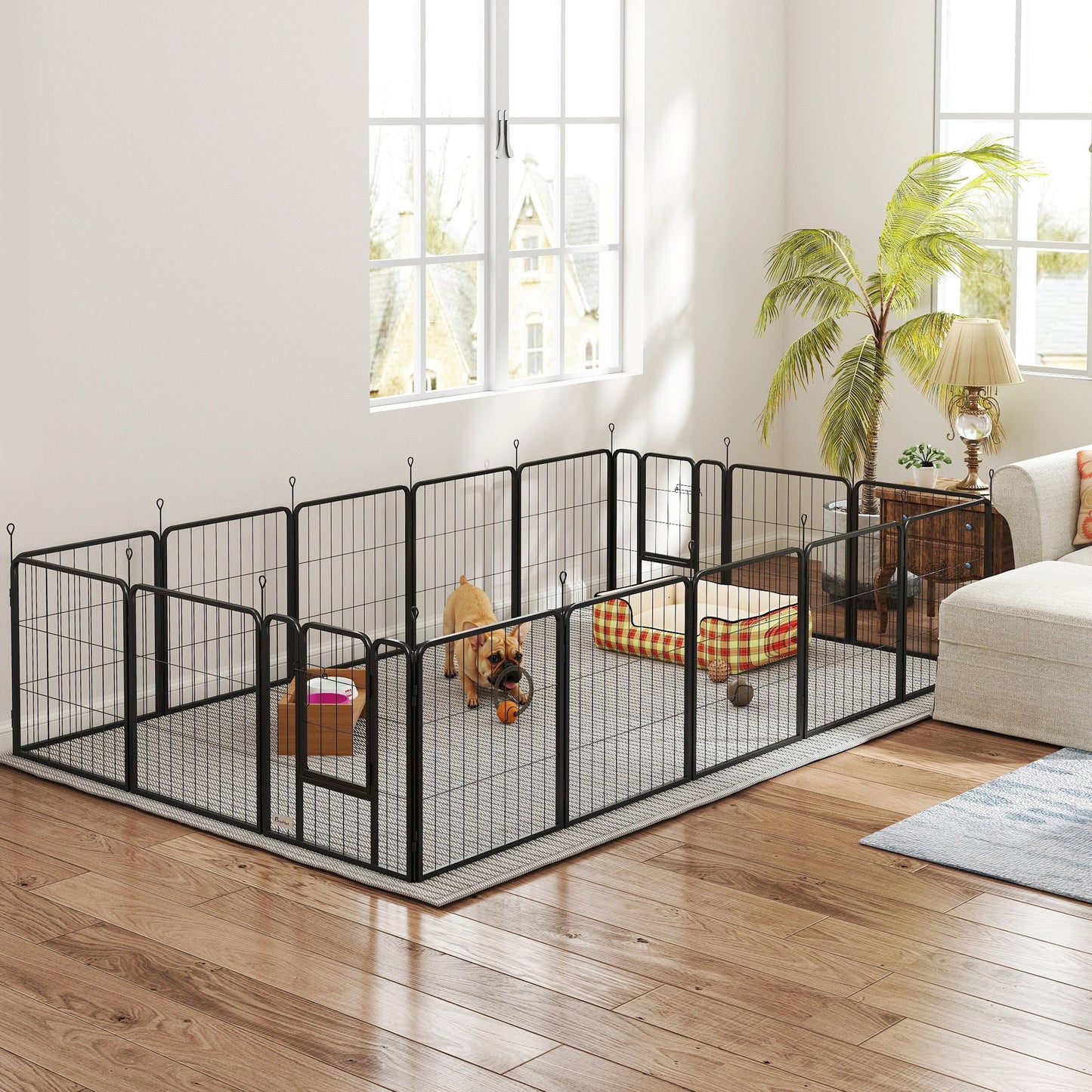 Dierenren – Hondenren – Puppyren – Kattenren – Buitenren – Zwart – Modulair 16 Panelen – Inklapbaar Met Dubbele Deuren – Stevig Met Grondpinnen 60 cm Hoog