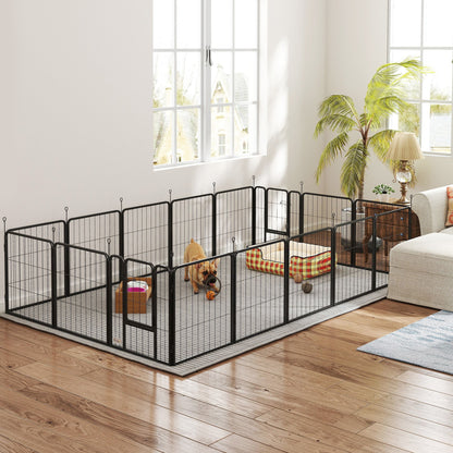 Dierenren – Hondenren – Puppyren – Kattenren – Buitenren – Zwart – Modulair 16 Panelen – Inklapbaar Met Dubbele Deuren – Stevig Met Grondpinnen 60 cm Hoog