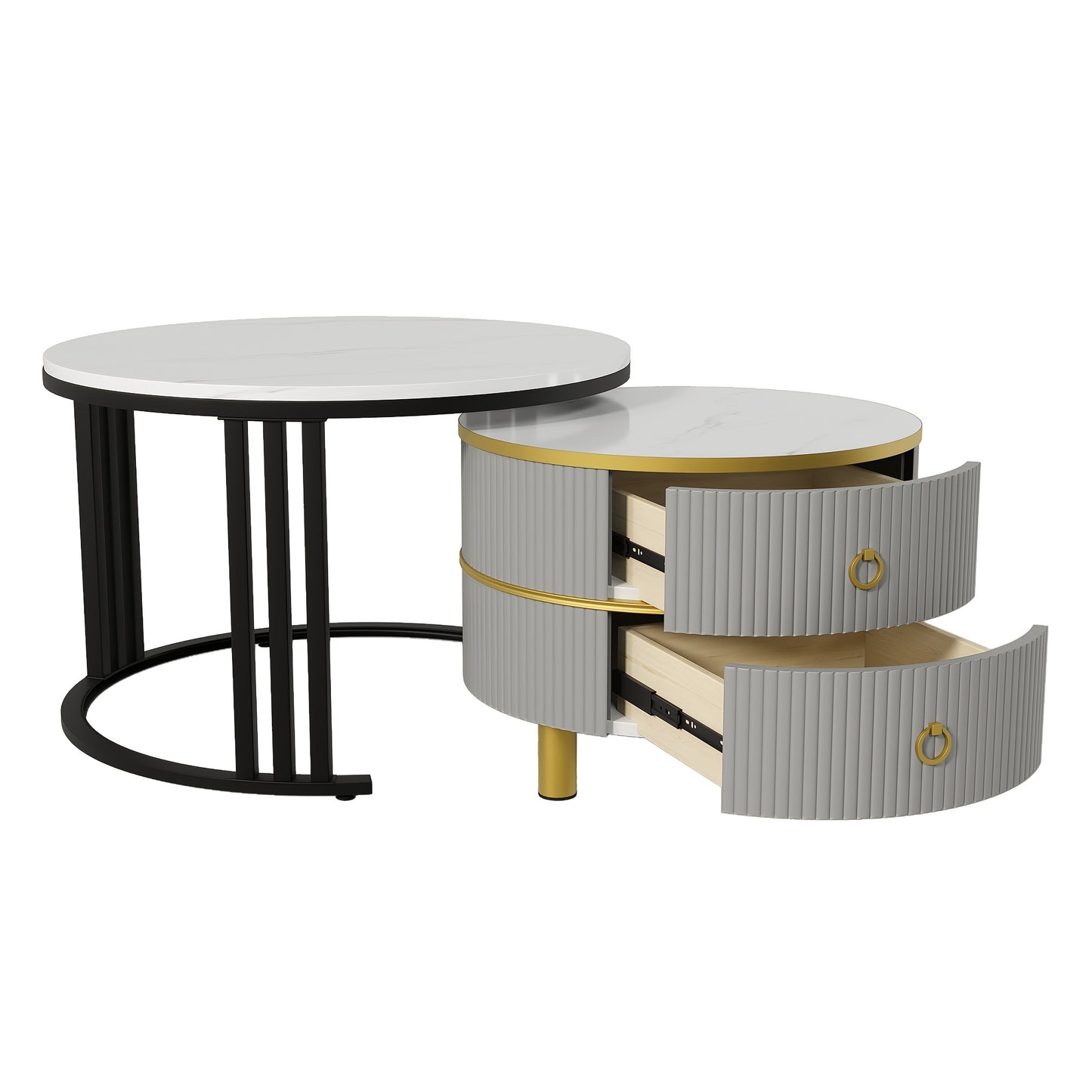 2-in-1 MDF Round Coffee Table with Glossy Finish & 1 Side Table with White Marble Top - Contemporary Living Room Coffee Table Set with 2 Drawers, 70x70x46cm, 50x50x40cm, Metal Frame, No Assembly Required, Coffee Table for Liv