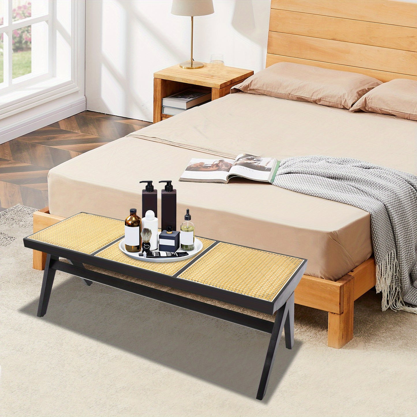 Modern Wicker 3-Seater Entryway Bench with Shoe Storage - Black Rattan Contemporary Low-Profile Furniture, Space-Saving for 3 People, Easy Assembly, Compact for Hallway, Porch, - Stands Alone, No Baseboard Mounting Required