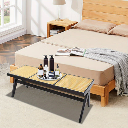 Modern Wicker 3-Seater Entryway Bench with Shoe Storage - Black Rattan Contemporary Low-Profile Furniture, Space-Saving for 3 People, Easy Assembly, Compact for Hallway, Porch, - Stands Alone, No Baseboard Mounting Required